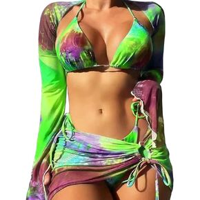 4 Piece Swimsiut for Women, Multi-Color Halo Dye Tie Dye Floral Butterfly Sleeved Pleated Drawstring Bikini Cover Up Skirt