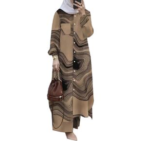 IBTOM CASTLE Abayas Dress for Women Muslim Clothes Long Sleeve Button Down Shirt and Pants 2Pcs Islamic Dubai Prayer Outfits