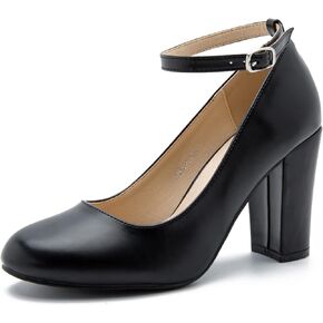 Women's Ankle Strap Pumps Closed Toe Block High Heel Round Toe Mary Jane Shoes