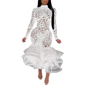 xxxiticat Women's Ruffle Sheer Lace Party Dress Long Sleeve Bodycon Night Out See Through Mesh Hollow Out Mermaid Dresses