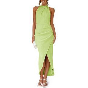 Fisoew Womens Halter Neck Party Dress Sleeveless Slit Textured Backless Slim Fitted Ruched Sexy Midi Cocktail Dresses