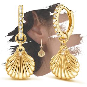 Beach Earrings for Women Gold - Hypoallergenic Gold Hoop Huggie Earrings with Drop Dangle Vintage Cubic Zirconia Seashell Earrings Vacation Lightweight Gifts Jewelry