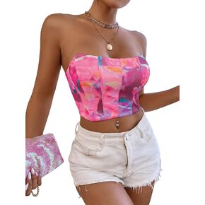 SOLY HUX Women's Sexy Tie Dye Lace Up Tie Back Tube Crop Top Sleeveless Strapless Bustier Tops