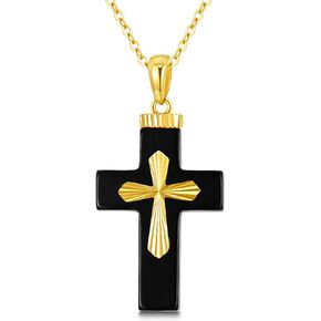14K Gold Black Onyx Cross Necklace for Women Real Yellow Gold Natural Black Onyx Cross Religion Pendant Necklace for Baptism Confirmation Women Men, 16+1+1inch