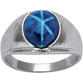 PalmBeach Men's Silvertone Oval Shaped Blue Lucite Star Sapphire Ring Sizes 8-16