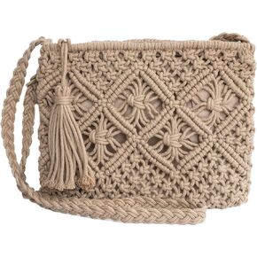 Cotton Macrame Purse Bag | Hand-Woven Knitted Crossbody Shoulder Strap Zipper | Cute Fringe Boho Coin | White Beige Gray