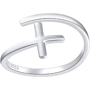DAOCHONG Simple Cross Ring Sterling Silver Adjustable Cross Wrap Open Ring for Women Daughter Girlfriend Easter Gift