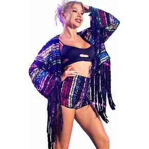 TWINKLEDE Sequin Jecket Sparkly Tassel Coat Long Sleeve Rainbow Bomber Clothing for Adult