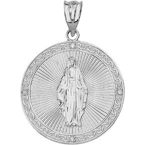 .925 Sterling Silver Blessed Virgin Mary Cubic Zirconia Accented Medal Pendant Charm, Choice of Size