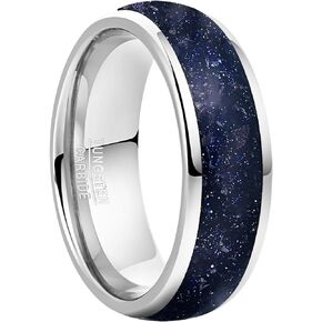 Vakki Tungsten Ring for Men Blue Sandstone Inlay 8mm Silver Plated Tungsten Carbide Wedding Band Polished Domed Comfort Fit Size 7-12