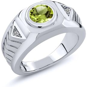 Gem Stone King Men's 925 Sterling Silver Green Peridot and White Diamond Ring (1.95 Ct Round 8MM, Available in size 7, 8, 9, 10, 11, 12, 13)