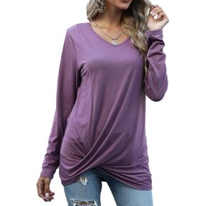 Sherosa Womens Twist Knot Long Sleeve Shirts Fall V Neck Loose Tunic Tops for Leggings