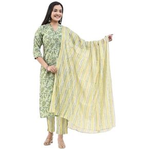 Cotton Kurti Set For Women | Indian Women Printed Kurti Set With Pant | Set Includes Printed Kurti, Pant & Dupatta