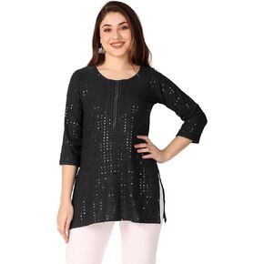 ladyline Womens Rayon Hakoba Sequins Schiffli Embroidered Tunic Top Chikan Work Short Kurti Kurta