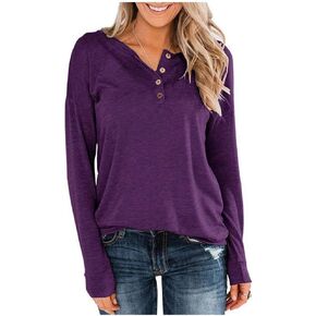 Chvity Plain Henley Shirts for Women Button Long Sleeve Tops Tunics Casual Blouses