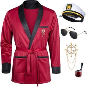 Men Red Silky Robe Jacket Halloween Bunnygirl Cosplay Costume With Captain Hat Glasses Lapel Pin Toy Prop Set