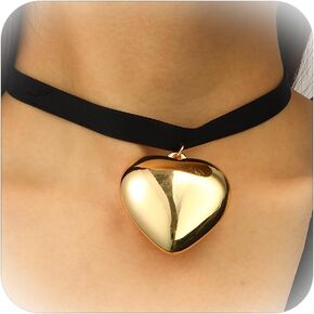 Gold Chunky Heart Necklace Red Heart Choker Necklace for Women Puffy Heart Necklace Black Velvet Choker Necklace Big Heart Necklace for Girls Valentines Day Necklace Valentines Gift