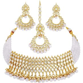 I Jewels Gold Plated Ethnic Indian Traditional Kundan Pearl Choker Necklace Set for Women