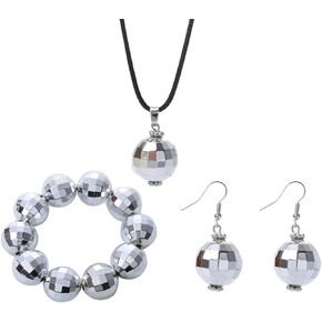 Caiyao Punk 60's 70's Disco Ball Drop Dangle Earring Mirror Ball Bracelet Pendant Necklace for Women Girl Teen Gothic Bar Halloween Party Jewelry Set Birthday Gift