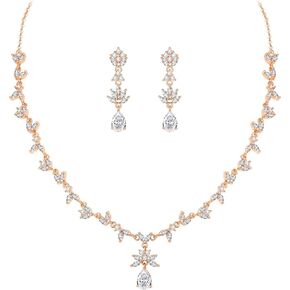 EleQueen Women's Wedding Bridal Jewelry Set for Brides Bridesmaids, Elegant Leaf Vine Cubic Zirconia Teardrop Necklace Earrings Bracelet Sets for Party Prom