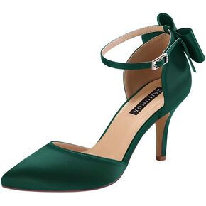 ERIJUNOR Wedding Evening Party Shoes Comfortable Mid Heels Pumps with Bow Knot Ankle Strap Wide Width Satin Shoes