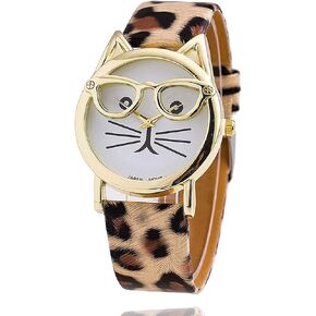 Fashion Women's Platinum Plated Mini Cat Glasses Analog Quartz Watch, PU Leather Strap Gold Tone - Leopard