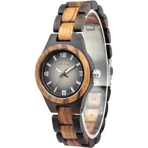 MII YEW Wooden Watch for Women Natural Wood Round Analog Quartz Watches with Gradient Brown Dial Extra Links