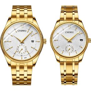 JewelryWe Luxury Couple Watches Gold-Silver Tone Stainless Steel Quartz Calendar Wristwatch Rhinestone His and Her Watch Set, for Anniversary, Wedding, Valentine's Day in Kuwait