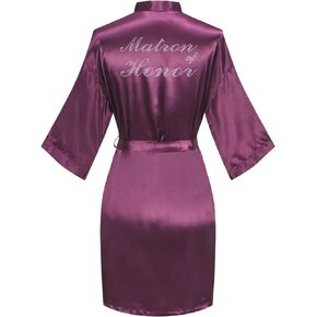 Quintion Anneao Women's Bride Robes Satin Bridesmaid Robe with Silver Rhinestones Short Wedding Party Getting Ready Gown