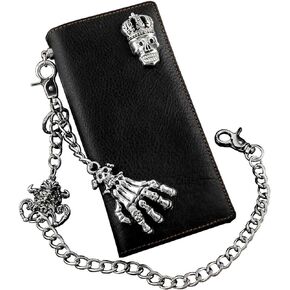 Skull Biker Punk Mens Leather Long Wallet with Jeans Key Chain