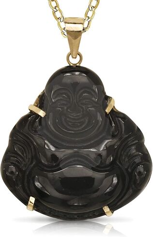 Real 14k 16-inch Natural Jade or Onyx Carved Smiling Buddha Pendant Necklace (24mm x 30mm) in Saudi Arabia