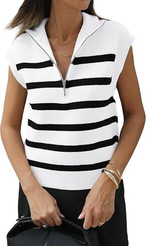 PRETTYGARDEN 2024 Summer T Shirts for Women Casual 1/2 Zip Cap Sleeve V Neck Striped Knit Tee Tops Blouses in Saudi Arabia