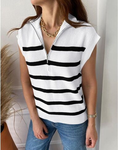 PRETTYGARDEN 2024 Summer T Shirts for Women Casual 1/2 Zip Cap Sleeve V Neck Striped Knit Tee Tops Blouses in Saudi Arabia