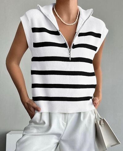 PRETTYGARDEN 2024 Summer T Shirts for Women Casual 1/2 Zip Cap Sleeve V Neck Striped Knit Tee Tops Blouses in Saudi Arabia