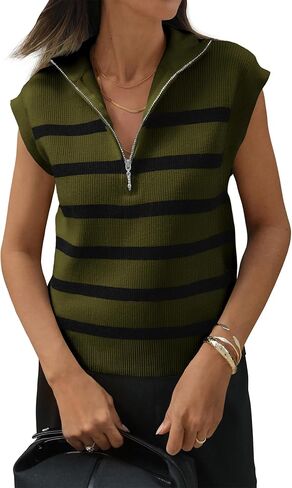 PRETTYGARDEN 2024 Summer T Shirts for Women Casual 1/2 Zip Cap Sleeve V Neck Striped Knit Tee Tops Blouses in Saudi Arabia