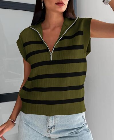 PRETTYGARDEN 2024 Summer T Shirts for Women Casual 1/2 Zip Cap Sleeve V Neck Striped Knit Tee Tops Blouses in Saudi Arabia