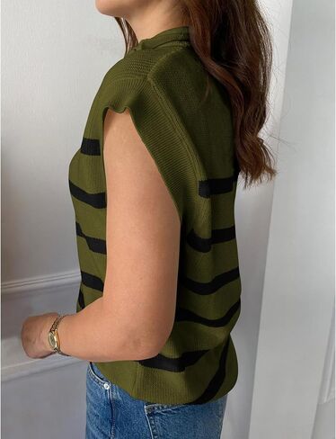 PRETTYGARDEN 2024 Summer T Shirts for Women Casual 1/2 Zip Cap Sleeve V Neck Striped Knit Tee Tops Blouses in Saudi Arabia
