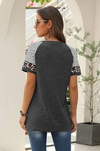 تي شيرت نسائي Sieanear بأكمام قصيرة مخطط وكتلة ألوان ليوبارد كاجوال in Kuwait