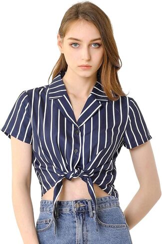 Allegra K Women's Striped Button Up Lapel Collar Top Short Sleeve Tie Front Crop Shirt in Saudi Arabia