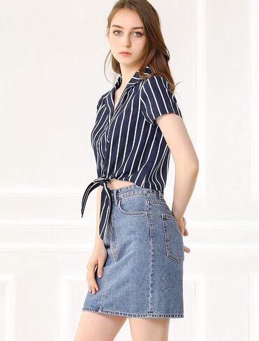 Allegra K Women's Striped Button Up Lapel Collar Top Short Sleeve Tie Front Crop Shirt in Saudi Arabia