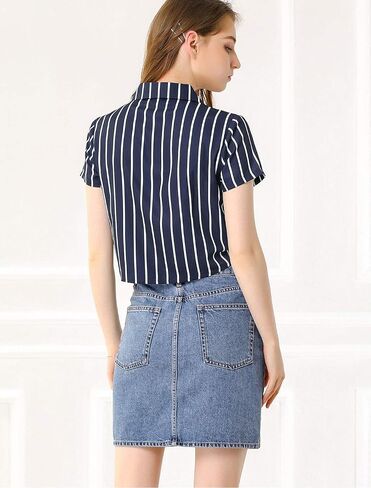 Allegra K Women's Striped Button Up Lapel Collar Top Short Sleeve Tie Front Crop Shirt in Saudi Arabia