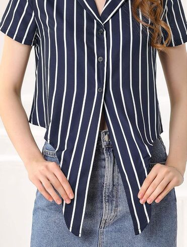 Allegra K Women's Striped Button Up Lapel Collar Top Short Sleeve Tie Front Crop Shirt in Saudi Arabia