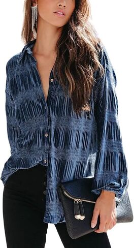 chouyatou Women's Shirred Velvet Long Lantern Sleeve Button Down Shirt Blouse Tops in Saudi Arabia