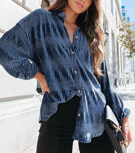 chouyatou Women's Shirred Velvet Long Lantern Sleeve Button Down Shirt Blouse Tops in Saudi Arabia