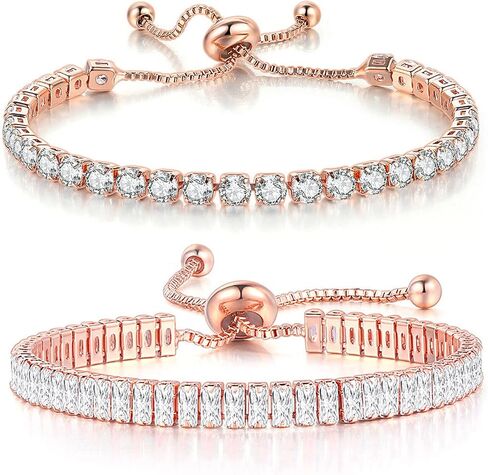 2Pcs Set Cubic Zirconia Crystal Classic Tennis Chain Adjustable Wide Thin Wrap Bracelets for Women Girls Gifts Jewelry Colorful Sparkling Shiny Dainty Elegant Statement in Saudi Arabia