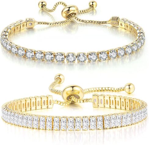 2Pcs Set Cubic Zirconia Crystal Classic Tennis Chain Adjustable Wide Thin Wrap Bracelets for Women Girls Gifts Jewelry Colorful Sparkling Shiny Dainty Elegant Statement in Saudi Arabia