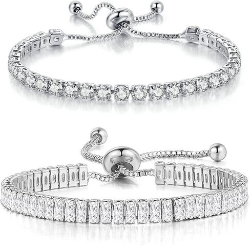 2Pcs Set Cubic Zirconia Crystal Classic Tennis Chain Adjustable Wide Thin Wrap Bracelets for Women Girls Gifts Jewelry Colorful Sparkling Shiny Dainty Elegant Statement in Saudi Arabia