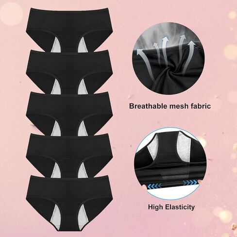 ETAOLINE Women's Period Panties Postpartum Underwear Menstrual Hipster Leakproof Briefs 5-pack Black in Kuwait