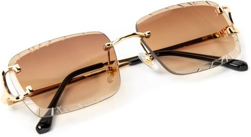 Gold Wire Frame Luxury Unisex Square Rimless Gem Cut Trendy Retro 90's Hip Hop Diamond Cut lens Brown Tint Lens Sun Glasses Frameless Rectangle Summer Shades Sunglasses For Men And Women in Saudi Arabia