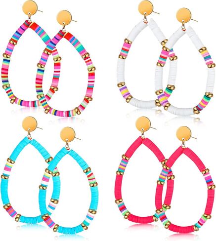 4 Pairs Heishi Hoop Earrings Rainbow African Vinyl Disc Bead Earrings Colorful Heishi Beaded Open Hoop Earring for Women in Saudi Arabia